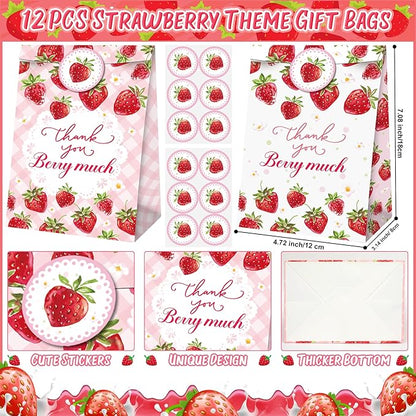 Strawberry Party Favor 72 PCS Sweet Berry Slap Bracelets DIY Stickers Temporary Tattoos Keychain Plastic Straws Gift Bags for Kids Girls Birthday Party Baby Shower Summer Fruit Goodie Bag Fillers