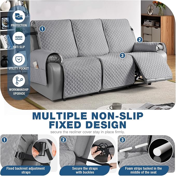 TAOCOCO Recliner Sofa Slipcover Couch Covers for 3 Cushion Couch, Pet Sofa Cover for 3 Seat Recliner Sofa, Washable Reclining Furniture Protector with Elastic Straps(3 Seater, Light Gray)