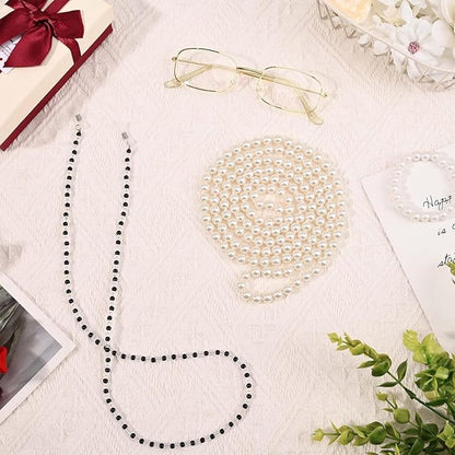 Kavoc 4Pcs Old Lady Costume Accessories Granny Grandma Dress up Eyeglasses Beaded Chain Faux Pearl Bead Necklace and Bracelet