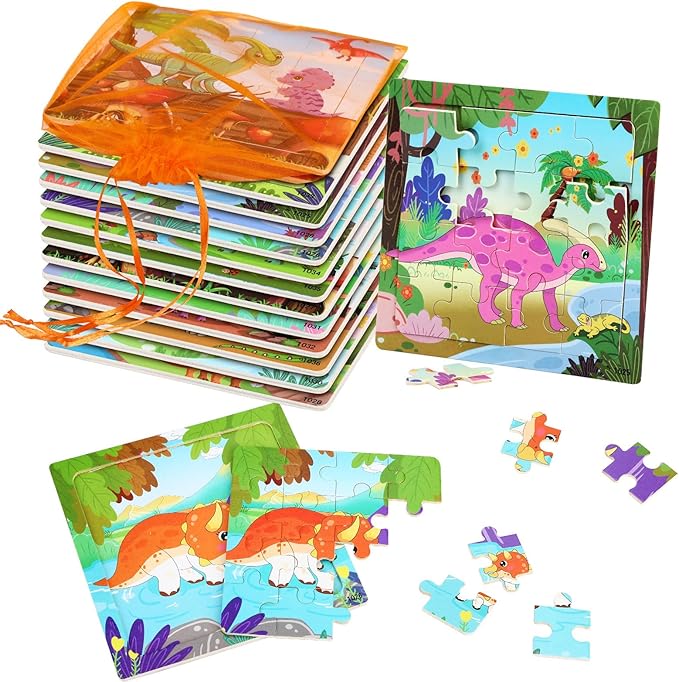 SANNIX 12 Pack Dinosaur Wooden Jigsaw Puzzles with 12 Organize Bags, Dinosaurs Animals Toddlers Puzzles for Kids Ages 3 4 5, Party Favors Educational Learning Travel Toys for Boys Girls