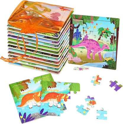 SANNIX 12 Pack Dinosaur Wooden Jigsaw Puzzles with 12 Organize Bags, Dinosaurs Animals Toddlers Puzzles for Kids Ages 3 4 5, Party Favors Educational Learning Travel Toys for Boys Girls