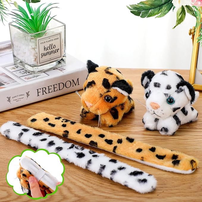 Sosation 6 Pcs Stuffed Animal Slap Bracelets for Kids Hug Slap Bracelet Bulk Tiger Leopard Stuffed Animal Plush Kids Toy for Halloween Birthday Gifts Party Favors(Leopard Style)