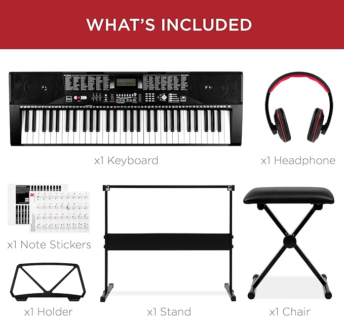 Best Choice Products 61-Key Beginners Complete Electronic Keyboard Piano Set w/Lighted Keys, LCD Screen, Headphones, Stand, Bench, Teaching Modes, Note Stickers, Built-In Speakers - Black