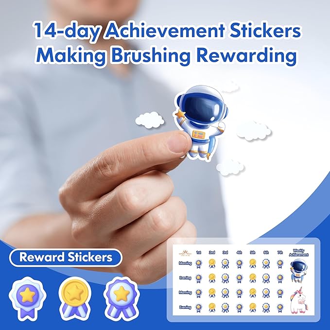 Kids Electric Toothbrush Rechargeable Age 3-5-6-12-18 Year Old, Childrens Electric Toothbrush with Timer 3 Modes 4 Vibrating Heads Habit Stickers 31000VPM Boys Electric Toothbrush (Astronaut Blue)