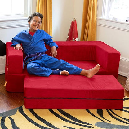 Jaxx Zipline Sofa & Large Ottoman 3 in 1 Fold Out Sofa, Big Kids Edition, Cherry (17454)