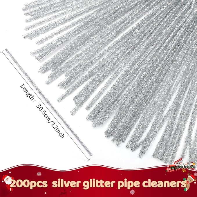 Praisebank Pipe Cleaners for Crafts (200pcs in Silver Glitter), Glitter Pipe Cleaners, 12 inch Long Pipe Cleaners, Christmas Pipe Cleaners.