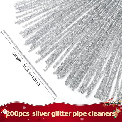 Praisebank Pipe Cleaners for Crafts (200pcs in Silver Glitter), Glitter Pipe Cleaners, 12 inch Long Pipe Cleaners, Christmas Pipe Cleaners.