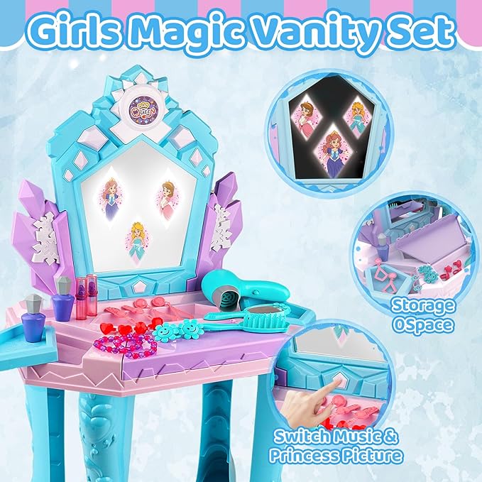 Toddler Frozen Vanity Table and Chair, Girls Magic Makeup Set with Mirror and Lights & Music, Kids Pretend Play Toys for 2 3 4 5 Year Old Girl Princess Dress Playset Birthday Gifts Ages 2-4 3-5