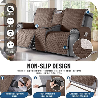 TAOCOCO 100% Waterproof Recliner Cover -Loveseat Recliner Cover with Center Console,Non-Slip Reclining Couch Covers for 2 Seat,with Elastic Straps Pocket for Kids, Dogs, Pets (Brown, 2 Seater XL)