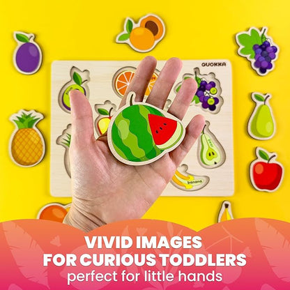 QUOKKA Wooden Puzzles for Toddlers 1-2 – 4 Set Pegged Puzzles for Kids Ages 1-2 – Fruits Learning Toy for Kids – Gift Realistic Educational Game for Boy and Girl