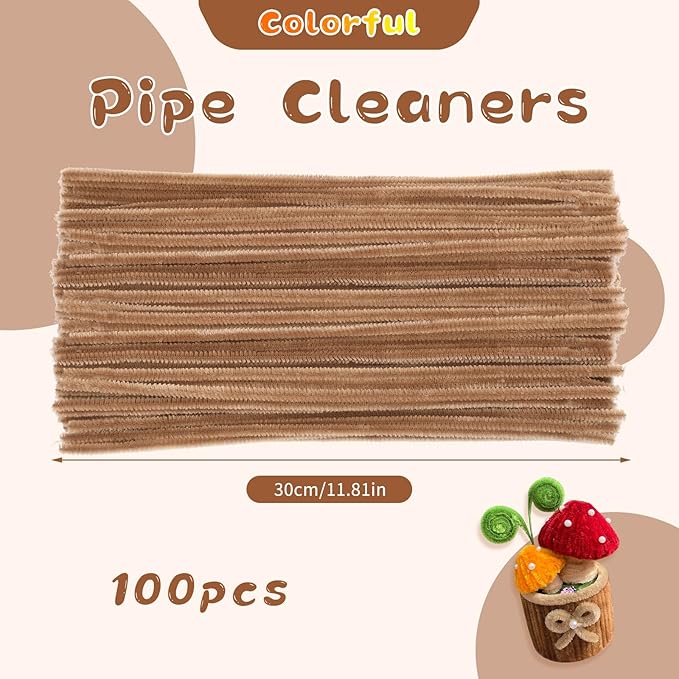 Pipe Cleaners, 100Pcs Chenille Stems Pipe Cleaners Craft, Creative Craft Pipe Cleaners, Crafting Pipe Cleaners Supplies for Festivals Flower Making, DIY Home Decorations/Light Brown