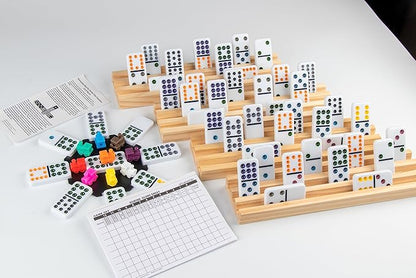 Smilejoy Mexican Train Dominoes Set with Colorful Dot- Double 12 Dominos Set for Adults-Classical Board Game for Elderly, 4 Wooden Rack,91 Tiles, 9 Plastic Trains, Octagon Hub (2-8 Player)
