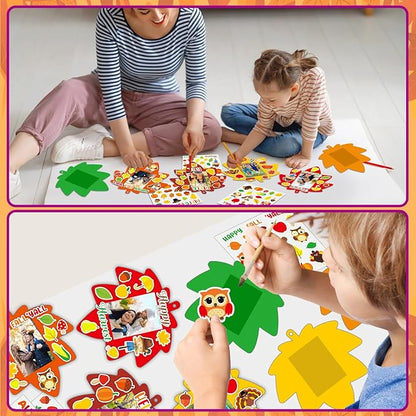 Qyeahkj 36 Sets Fall Thanksgiving Craft for Kids DIY Autumn Leaves Picture Frame Craft Kit with Easel Maple Leaf Fun Photo Frame Craft and Arts Kit for Home Class Kindergarten Party Art Activity