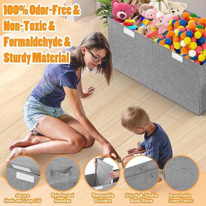 Rocamdo Large Toy Storage Box with Lid Divider, Sturdy Collapsible Toys Organizer Chest Kids Storage Bins Boxes Baskets for Boys, Girls, Nursery, Bedroom, Living Room, Playroom, 25"x13"x16", Gray