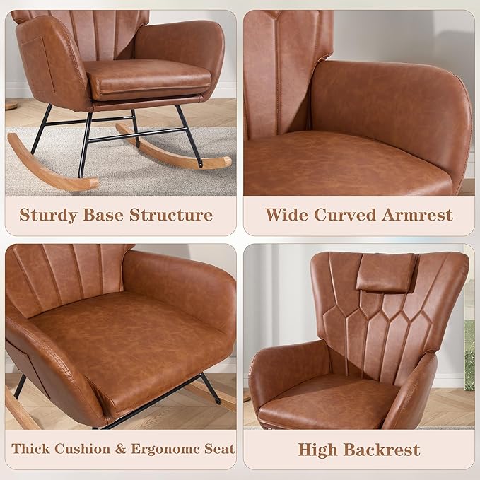 VECELO Rocking Chair Nursery with Thick Headrest, Modern PU Upholstered Reading Glider Rocker Accent Armchair with High Backrest, Padded Seat, Side Pocket, for LivingRoom, Bedroom, Baby Room, Brown