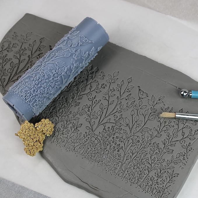 Hedgerow Habitat Clay Texture Roller (4") - Seamless Meadow Set #01 - Embossing Pattern Roller for Polymer & Ceramic Clay, Pottery & Crafts