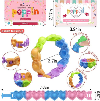 30 Pcs Valentine's Day Pop Bracelets Toys with Cards Heart Pop Bracelets Bubble for Kids School Classroom Prizes, Valentine's School Class Exchange Cards and Kids Party Favors