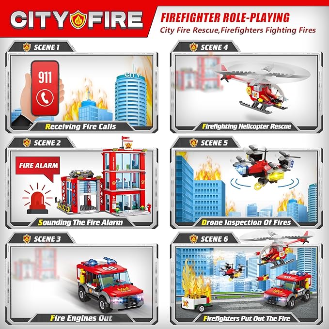 City Fire Station Building Blocks Set with Fire Truck, Fire Rescue Helicopter,Drone & Fire Engine Toys,Fire Command Center Playset, Firefighters Roleplay Toy Gifts for Kids Boys Girls Ages 6+(744PCS)