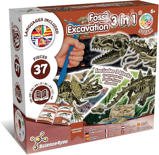 Science4you Dinosaur Fossil Excavation 3 in 1 - Fossil Digging Kit for Kids: T-Rex & Triceratops & Stegosaurus, 3 Dinosaurs Toys for Kids, 37 Pieces, Toys, Games, Gifts for 6+ Year Old Boys and Girls