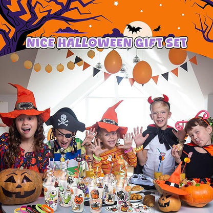 24 Set Halloween Party Favors Gift Cups Filler for Students, Halloween Goodie Bag Fillers, Halloween Treats Non Candy, Halloween Keychain Pencil Straw Silicone Bracelet for Classroom Gifts