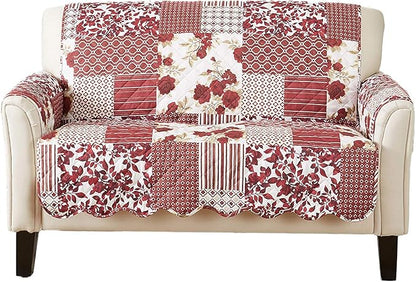 Great Bay Home Patchwork Scalloped Printed Furniture Protector Stain Resistant Loveseat Cover (Loveseat, Burgundy)
