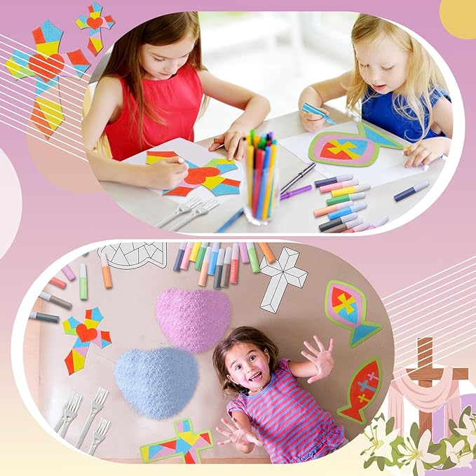 24 Sets Religious Sand Art Craft Kit for Kids Christian Crosses Fish Painting Kit with Colored Sand Brushes Create Your Own First Communion Sand Art for Sunday School Fun Home Activities