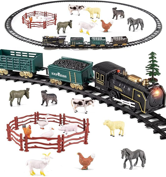 Farm Toy Train Set, Electric Steam Train Engine with Light & Sound, Include 12 Animal Figures, Miniature Toys for Kids, Cake Topper Bulk Toddler Stocking Stuffers Gift for 3 Year Old & Up Boy Girl