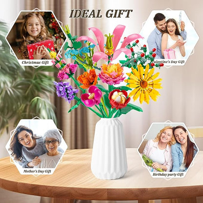 756 PCS Flower Bouquet Building Sets - 11 Kinds of Building Block Flowers, Botanical Collection Crafts Set for Home Office Decoration, Valentines Day for Adults Girl, No Vase