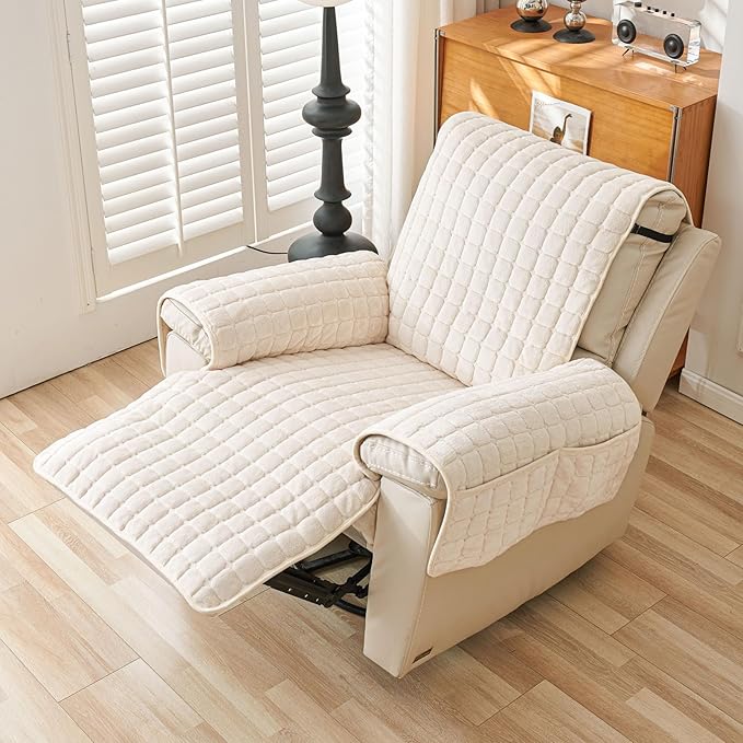 Quilted Recliner Chair Covers, Plush Non Slip Chair Slipcover Soft Washable Couch Cover Furniture Protector with Elastic Straps and Pocket for Kids, Dogs, Pets (Beige, 1 Seater)