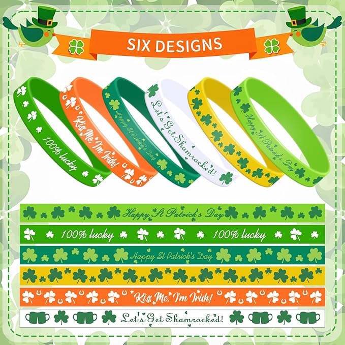 30 Pcs St. Patrick's Day Silicone Bracelets Bulk Party Favors - 6 Designs Irish-Themed Clover Wristbands, Lucky Shamrock Bands, Holiday Goodie Bag Fillers, Classroom Prizes, Wrist Decorations Supplies