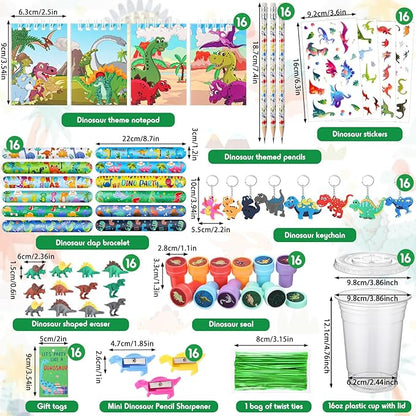Colarr 161 Pcs Dinosaur Party Favor Dinosaur School Stationery Set Includes Gift Cup Notebook Pencil Sharpener Eraser Keychain Stamp Slap Bracelet Sticker Card For Dinosaur Birthday Supply