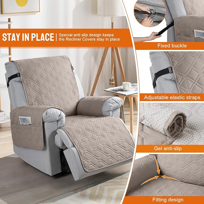 VANSOFY 100% Waterproof Recliner Chair Covers, Recliner Cover Non-Slip Dog Chair Cover Furniture Protector Washable Slipcover with Pocket, Elastic Straps for Pets, Dogs(Khaki, 23.6")