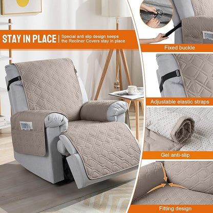 VANSOFY 100% Waterproof Recliner Chair Covers, Recliner Cover Non-Slip Dog Chair Cover Furniture Protector Washable Slipcover with Pocket, Elastic Straps for Pets, Dogs(Khaki, 23.6")