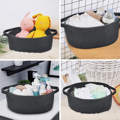 ABenkle Small Basket with Handles - Decorative Durable Rope Woven Storage Bin Shelf Storage Organizer Cube, Easter Baby Gift Basket, 12"x8"x5", Black