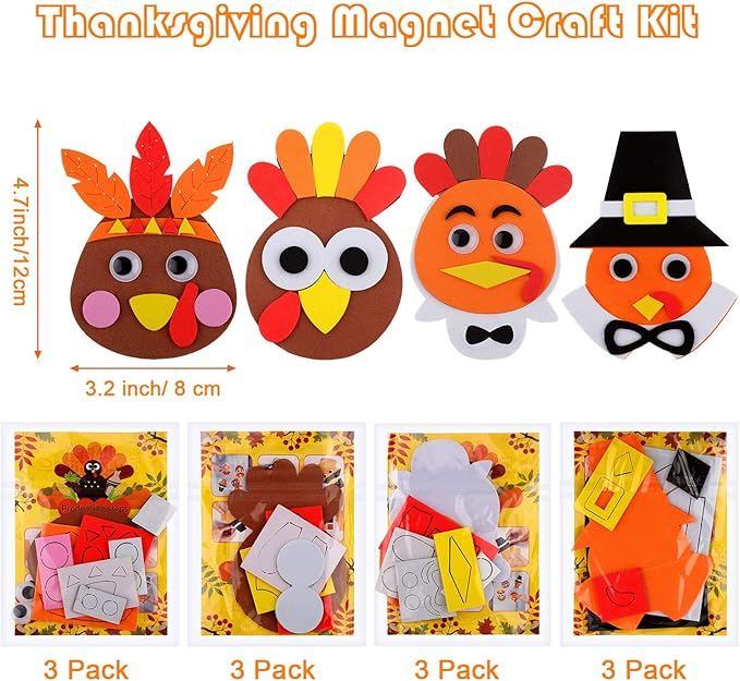 12 Pieces Thanksgiving Turkey Head Magnet Craft Kit Self-Adhesive DIY Turkey Craft Kit Festive Fall Thanksgiving Party Game School Home Activities and Refrigerator Decoration Supplies for Kids Adults