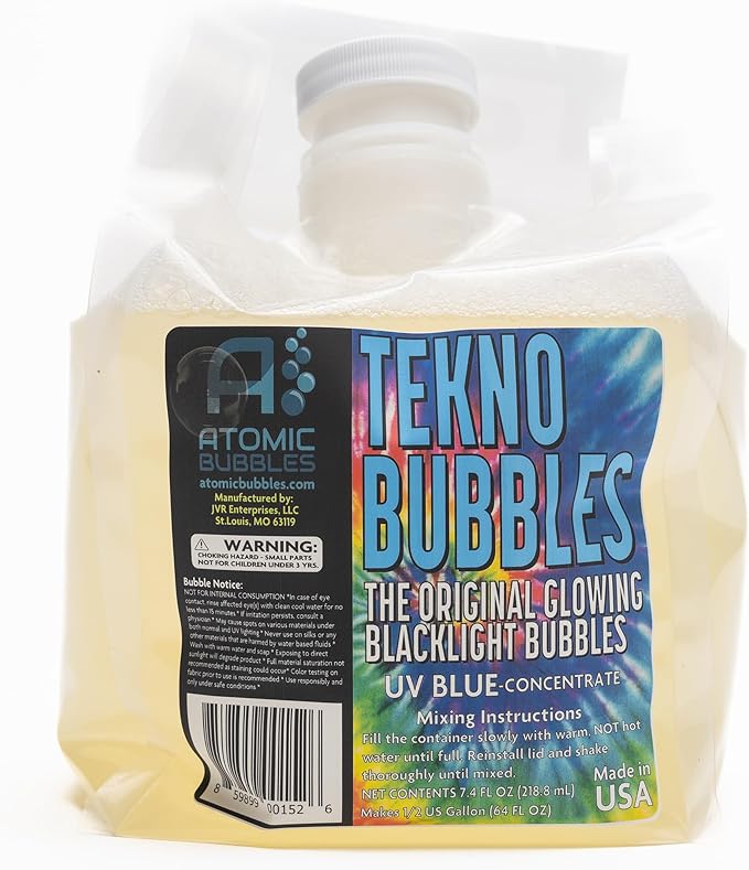 Atomic Bubbles: Tekno Bubbles 64oz Smart Pouch Refill - Blue - UV Blacklight Glow Bubbles, Glow Parties, Indoor & Outdoor, Safe for Kids, Non-Toxic