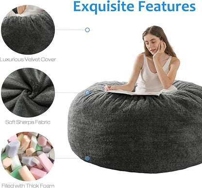 [Sherpa Cover] Large Bean Bag Chair: 4 ft Bean Bag Chairs for Adults/Kids with Filling,Ultra Soft Faux Fur Fabric,Memory Foam Bean Bag with Filler Included - 4 Foot,Dark Gray