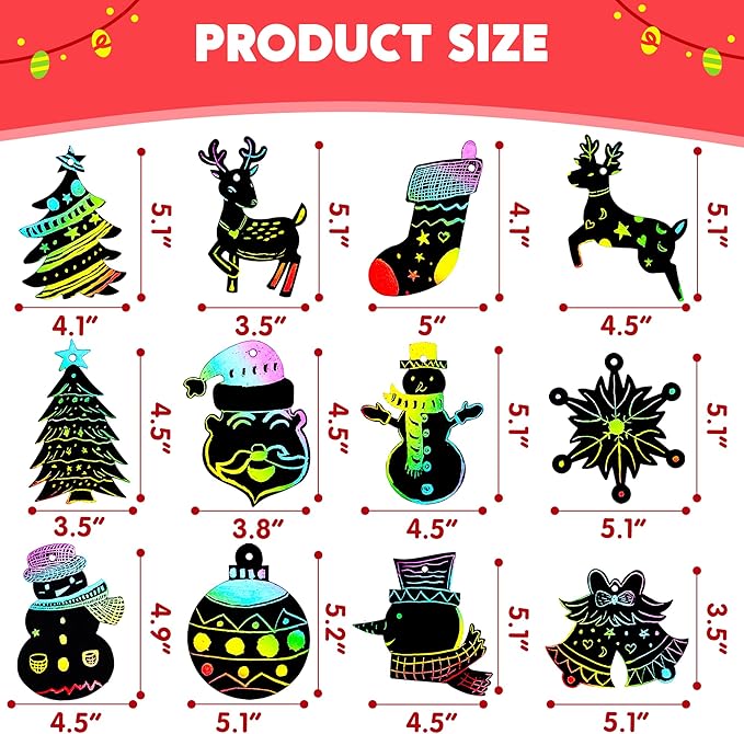 JOYIN 48 Pcs Christmas Scratch Art Ornaments, Scratch Paper Craft Kit Include Snowman, Snowflakes, Christmas Tree, and Reindeer, Rainbow Color Scratch Off Hanging Ornament for Kids Party Favors