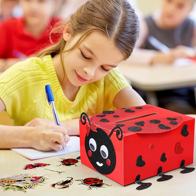 Pasimy DIY Valentines Card Boxes with 30 Insect Greeting Cards DIY Valentine Ladybug Mailbox Craft Kits Valentine's Day Love Bug Party Favor Sets for Kids School Classroom Gifts Exchange