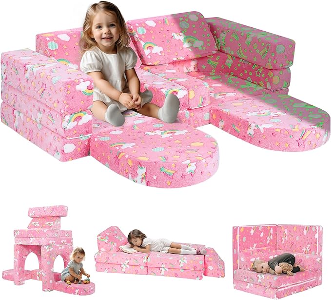 MeMoreCool Toddler Couch, 10-Piece Modular Play Sofa for Playroom, Fold Out Kids Couch for Girl Boy, Glow Colorful Unicorn
