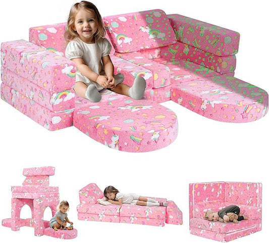 MeMoreCool Toddler Couch, 10-Piece Modular Play Sofa for Playroom, Fold Out Kids Couch for Girl Boy, Glow Colorful Unicorn