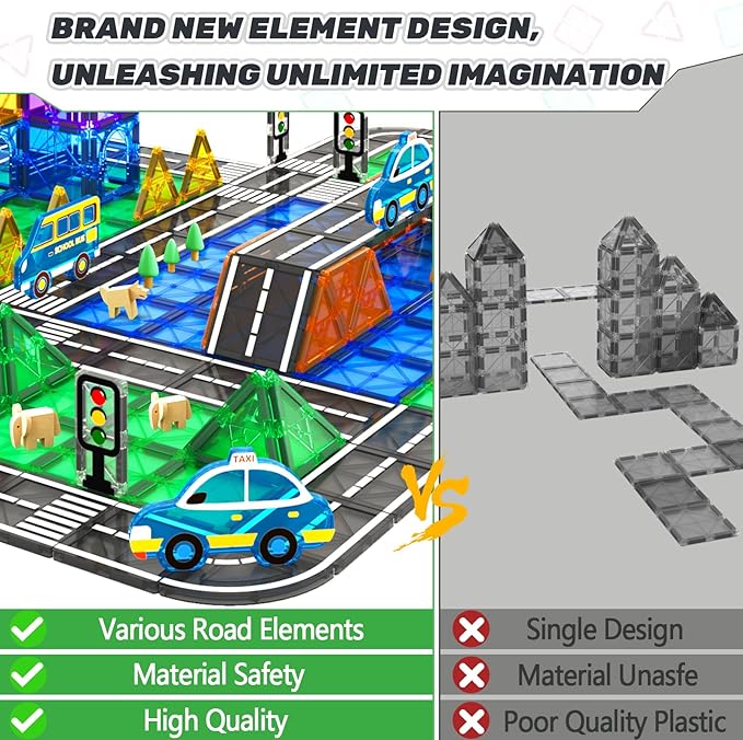 Magnetic Tiles Road Set with Car Toys, Magnetic Building Blocks for Toddlers, STEM Construction Toys for Kids Ages 3+, Gifts Toys for Boys & Girls