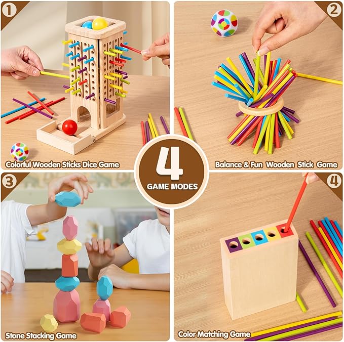 Montessori Toys for 3 Year Old Fine Motor Skills Toys for 5 Year Old Wooden Board Game Operation Games Educational Toys with Colorful Sticks, Dice & Stones, Family Game Gifts for Age 4 5 6 Boys Girls