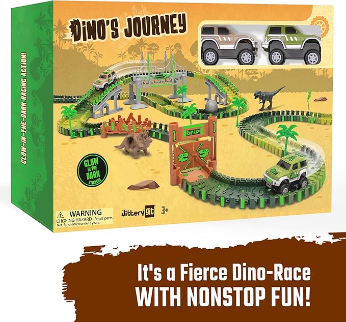 JITTERYGIT Dinosaur Jurassic Race Track Train Glow in The Dark World Toy Set, Kids Dino Racetrack Park Includes T-Rex & Triceratops Playset - Best Birthday Gift for Boys & Girls 3 4 5 6 7 8 Year Old