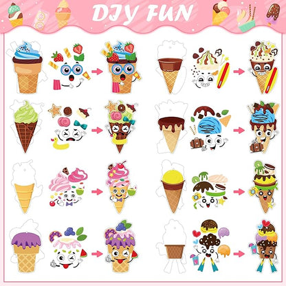 BeYumi Ice Cream Craft Kit - 123Pcs Summer Make Your Own Ice Cream Stickers Craft for Kids Summer DIY Waffle Cone Art Sticker Set School Classroom Home Game Fun Activities Art Supplies Decor