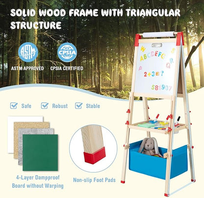 HONEY JOY Easel for Kids, Wooden Height Adjustable Double-Sided Toddler Easel w/Magnetic Chalkboard & White Board, Paper Roll, 60+ Painting Accessories, Magnetic Letters, Art Easel for Boys Girls
