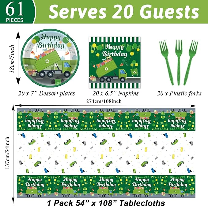 gisgfim Garbage Truck Birthday Party Supplies Trash Trucks Birthday Party Tableware Includes Party Plates Napkins Fork and Garbage Truck Theme Tablecloth for Birthday Parties Decorations Set Serve 20