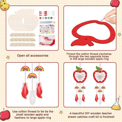 Fennoral 6 Pack Dream Catcher Craft Kit for Kids Paint You Own Apple with Rainbow Dreamcatcher DIY Coloring Wooden Art and Craft for Classroom Art Activity Teacher Appreciation Gifts