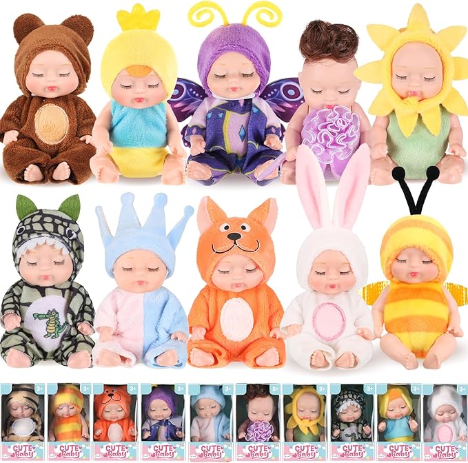 Hanaive 10 Pcs 4 Inch Mini Baby Dolls Lifelike Realistic Tiny Baby Dolls with Animal Clothes Cute Infant Figurine Gifts Set for Toddlers Girls Kids 3+ Easter Graduation Birthday(Cute Style)