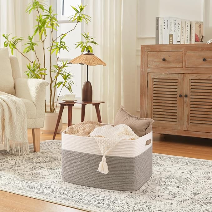 75L Large Cotton Rope Basket, Soft Toy Storage Bin for Nursery & Living Room, Decorative Blanket Basket for Bedroom, Baby-Safe Organizer for Pillows &Laundry, 22''×17''×12'', Grey and White